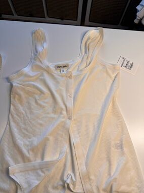 Open Edit Women's Cream Button-Front Ribbed Sleep Tank